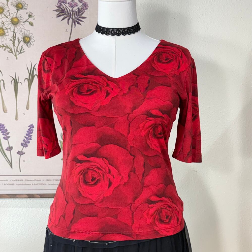 Vintage 90s Y2k Red Rose Mesh Top Vampire Whimsigoth Romantic Goth Sexy Trashy M